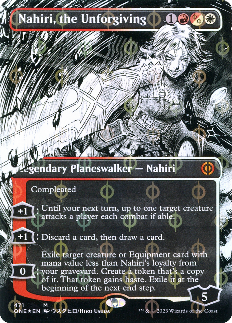 Nahiri, the Unforgiving (Borderless) (Step-and-Compleat Foil) (ONE-471) - Phyrexia: All Will Be One: (Showcase) (Borderless) Foil