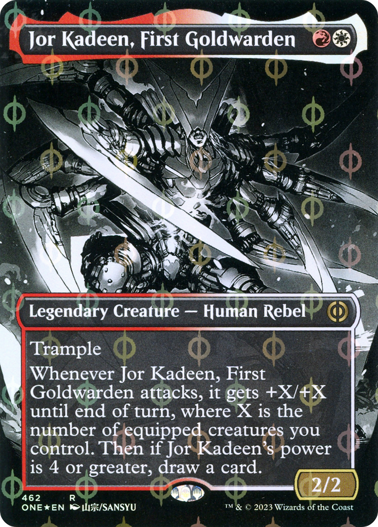 Jor Kadeen, First Goldwarden (Borderless) (Step-and-Compleat Foil) (ONE-462) - Phyrexia: All Will Be One: (Showcase) (Borderless) Foil