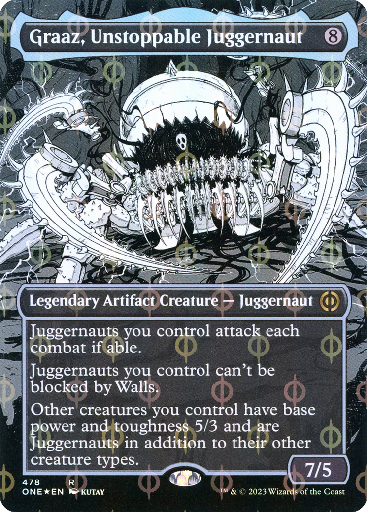 Graaz, Unstoppable Juggernaut (Borderless) (Step-and-Compleat Foil) (ONE-478) - Phyrexia: All Will Be One: (Showcase) (Borderless) Foil