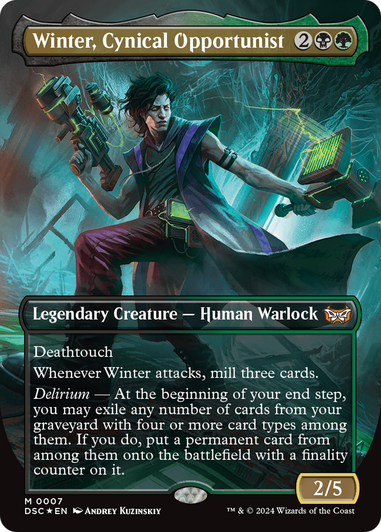 Winter, Cynical Opportunist (Borderless) (DSC-007) - Duskmourn: House of Horror Commander (Borderless) Foil