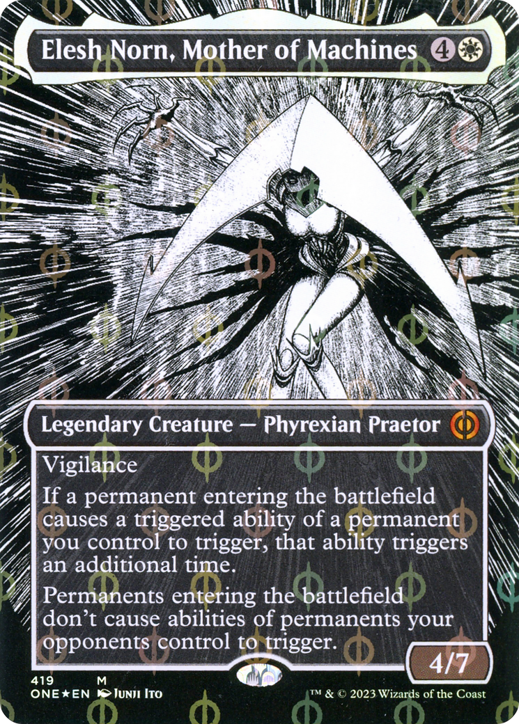 Elesh Norn, Mother of Machines (Borderless) (Step-and-Compleat Foil) (ONE-419) - Phyrexia: All Will Be One: (Showcase) (Borderless) Foil