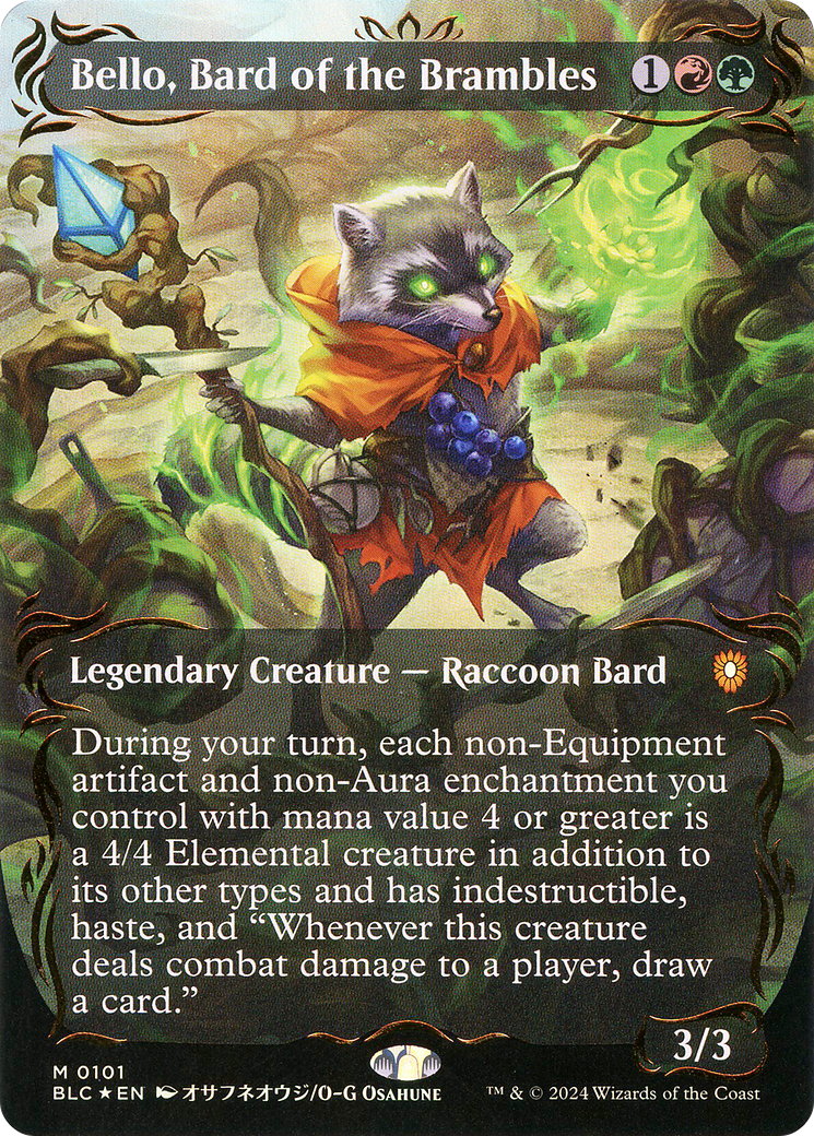 Bello, Bard of the Brambles (Borderless) (Raised Foil) (BLC-101) - Bloomburrow Commander (Borderless) Foil