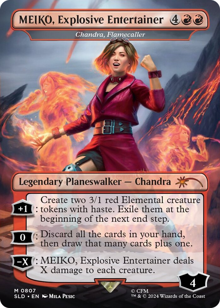 MEIKO, Explosive Entertainer - Chandra, Flamecaller (Rainbow Foil) (SLD-807) - Secret Lair Drop / MEIKO, Explosive Entertainer (Borderless) Foil