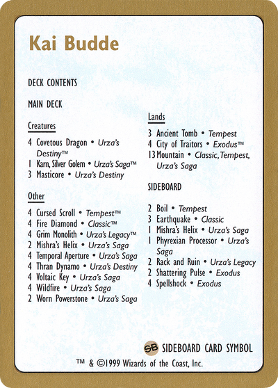 1999 Kai Budde Decklist Card (WCD-) - World Championship Decks 1999