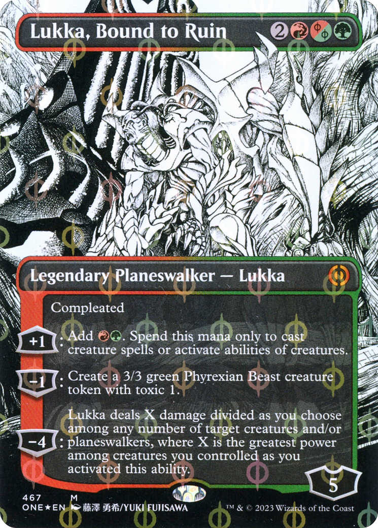 Lukka, Bound to Ruin (Borderless) (Step-And-Compleat Foil) (ONE-467) - Phyrexia: All Will Be One: (Showcase) (Borderless) Foil