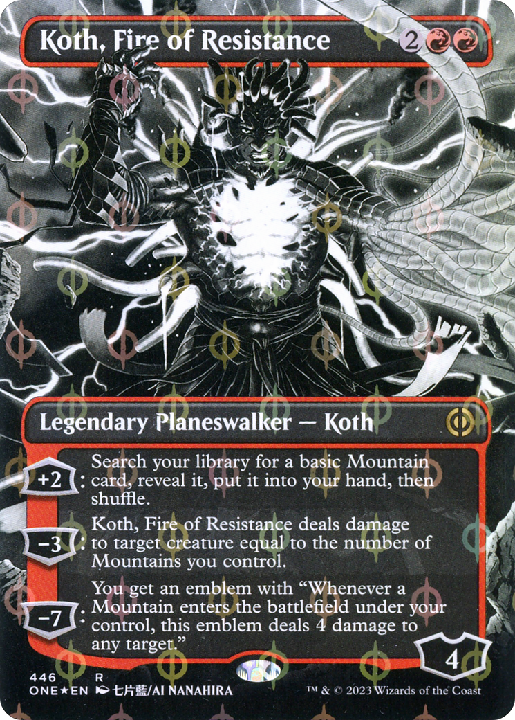 Koth, Fire of Resistance (Borderless) (Step-and-Compleat Foil) (ONE-446) - Phyrexia: All Will Be One: (Showcase) (Borderless) Foil